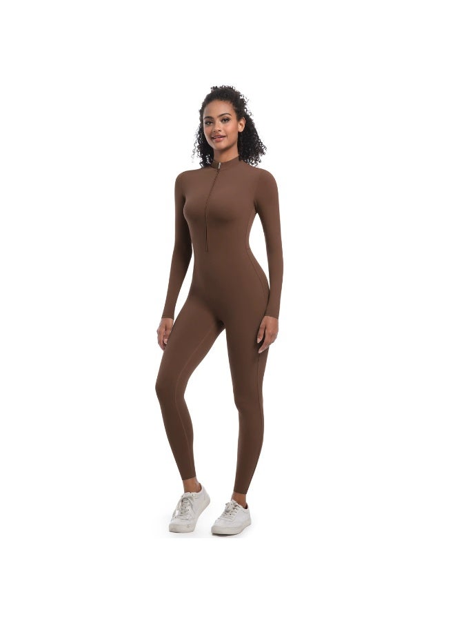 general Solid-color high-elastic half-open zipper tight long yoga suit for fitness, running and sports, one-piece garment - Image 1